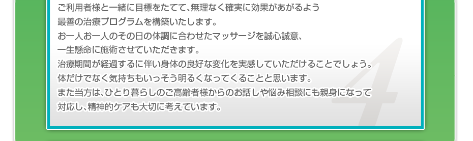 ケアマネさんと相談・摺り合わせの上、短期・中期・長期の目標を定めて、ご利用者さまにピッタリのペースを考え、 マッサージやリハビリを行っていきます。無理なく確実に効果が上がるような施術を心がけています。