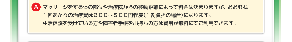 マッサージをする体の部位や治療院からの移動距離によって料金は決まりますが、 おおむね1回あたりの治療費は３００～５００円程度（1割負担の場合）になります。 生活保護を受けている方や障害者手帳をお持ちの方は費用が無料にてご利用できます。